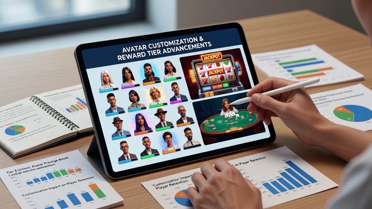 Player avatar progressing through reward tiers in a table game app with handheld device visible
