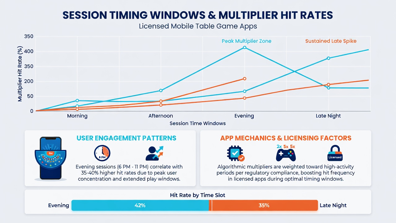 Analytics dashboard displaying session timing data correlated with multiplier hit statistics in a regulated gaming environment