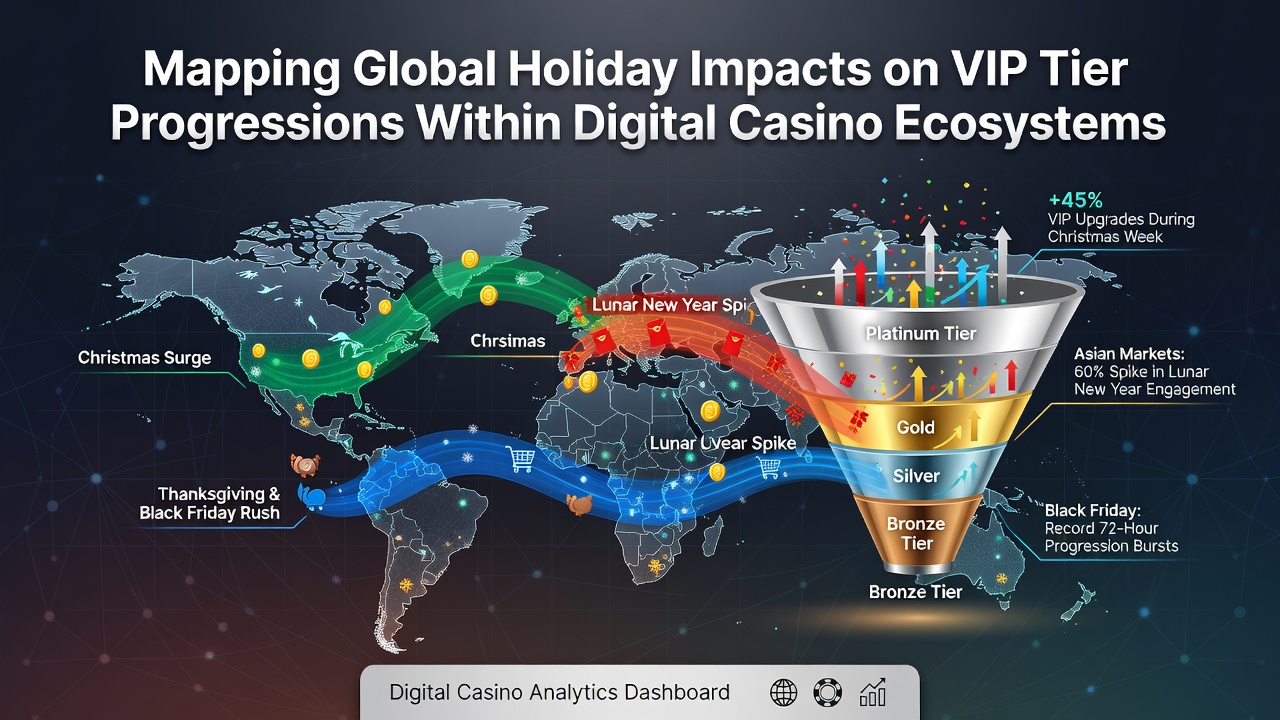 Global digital casino interfaces showing holiday-themed VIP progression dashboards and player activity maps across multiple regions
