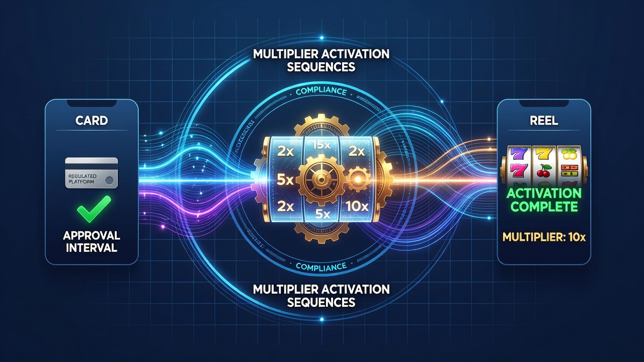 Mobile card and reel gaming interface showing transaction processing and multiplier indicators on a smartphone screen