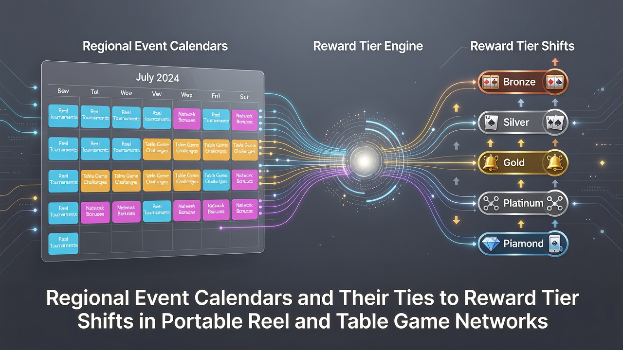 Regional calendars displayed alongside mobile casino interfaces showing reel and table game networks