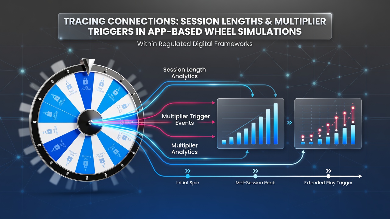 App-based wheel simulation interface showing session timer and multiplier indicators in a regulated mobile gaming environment
